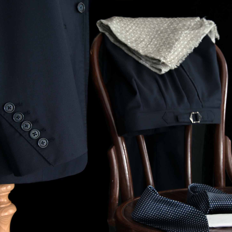 Men's Navy Blue Luxury Cashmere Suit. Detailed Jacket Sleeve photo