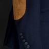 Navy Blue Herringbone Cashmere Blazer. Tan Suede Elbow Patches and Cut-away sleeve button detail