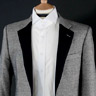 Grey Cashmere Birdseye Blazer with contrasting Navy Blue Herringbone Lapel. 